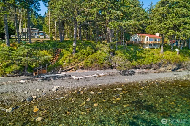 a view of a street with potted plants and large trees