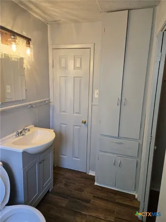 a bathroom with a sink a mirror and a toilet