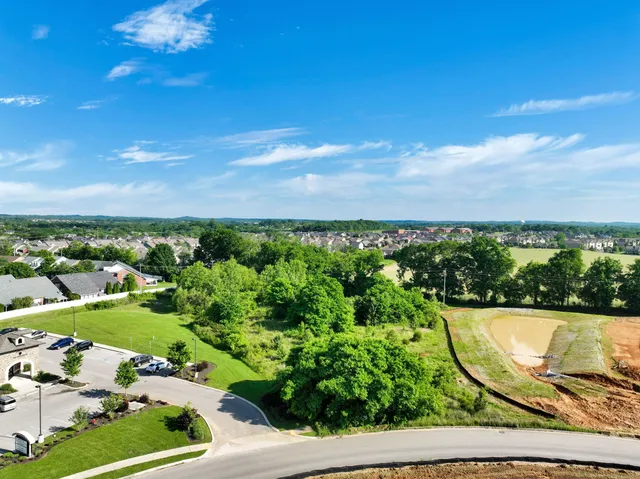 an aerial view of a swimming pool