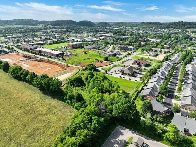 an aerial view of residential houses with outdoor space and trees