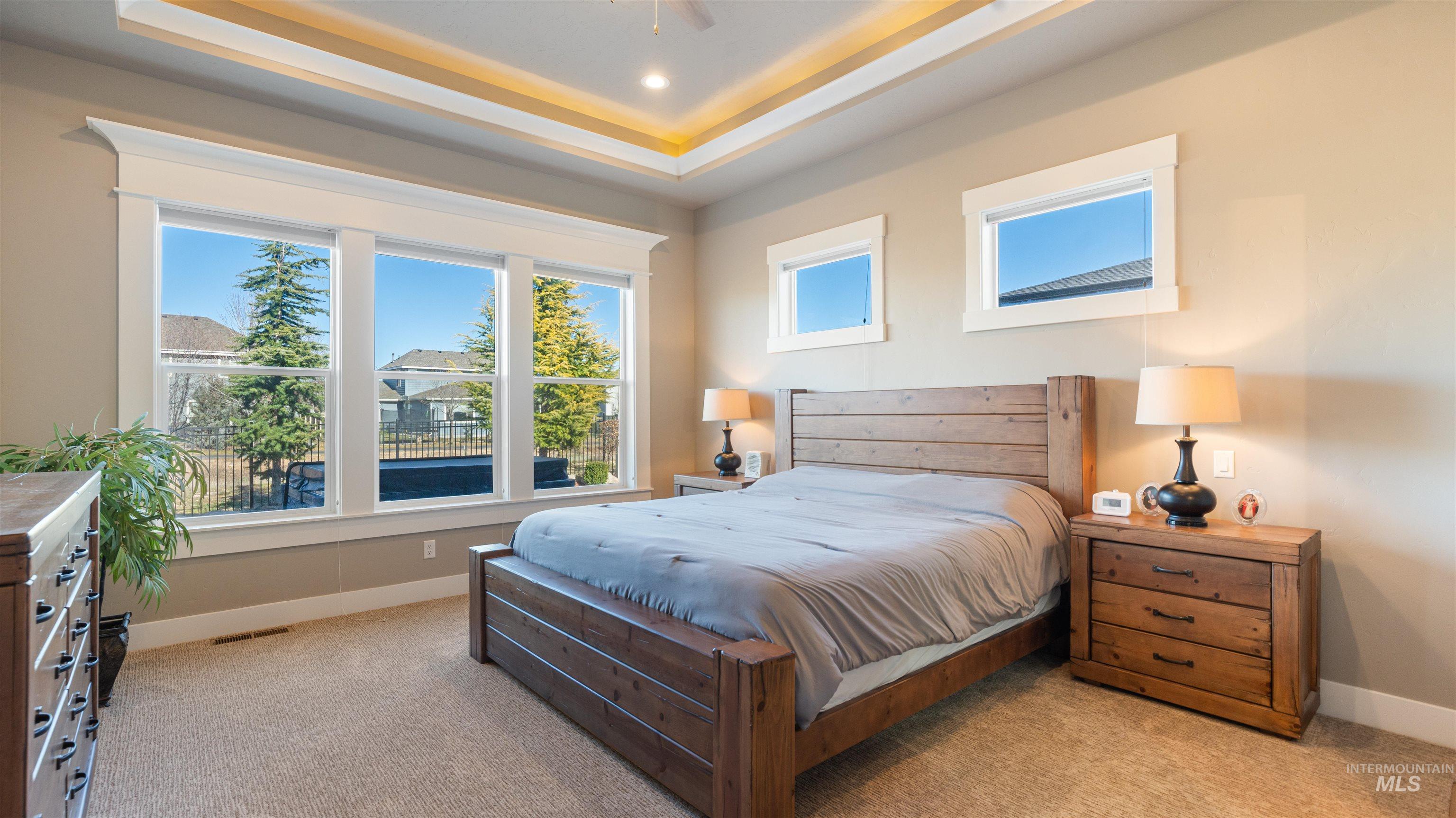 4676 South Abbot Meridian, ID 83642 - Photo 36 of 49 Bedroom with multiple windows, light carpet, and a raised ceiling