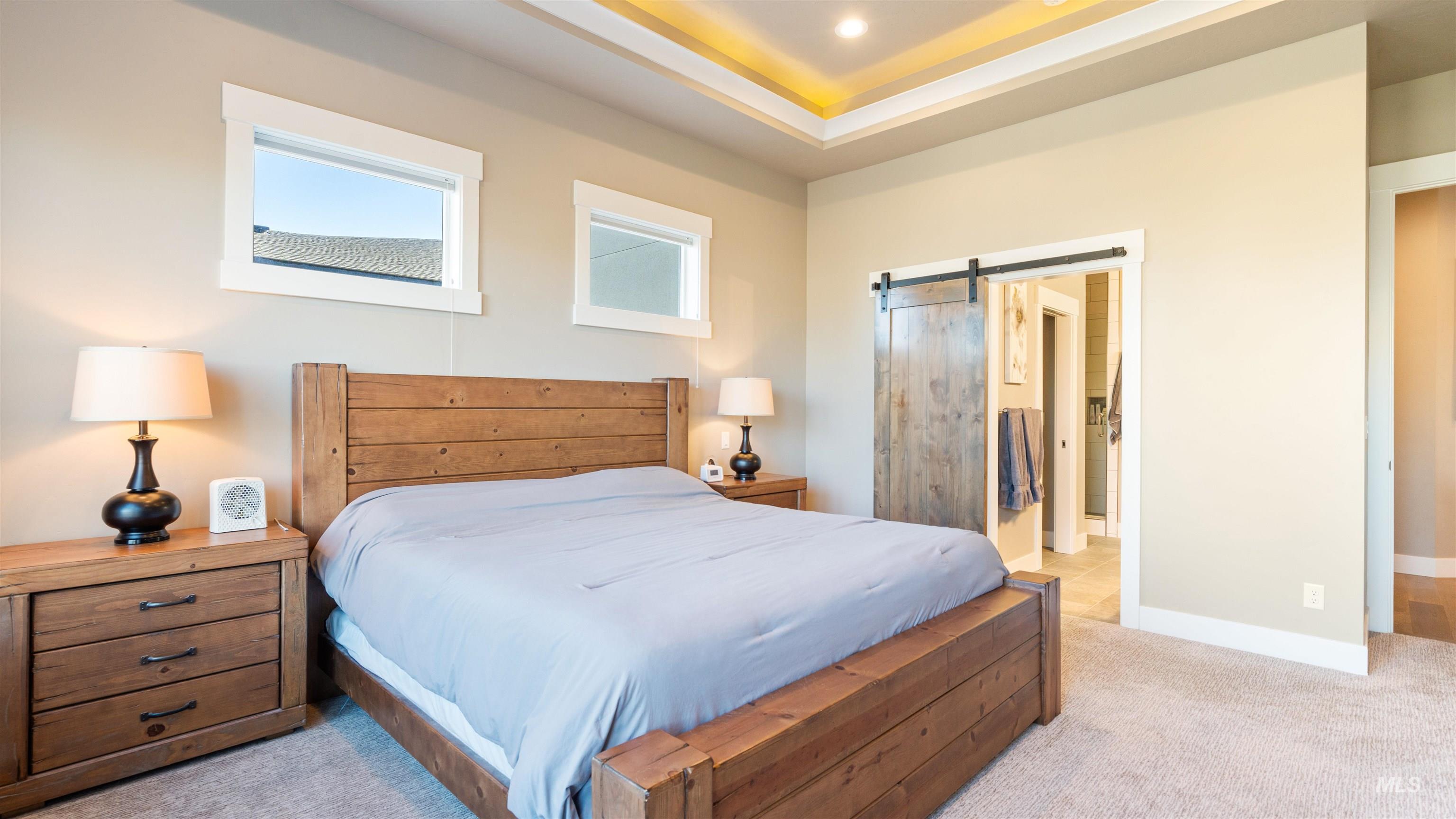 4676 South Abbot Meridian, ID 83642 - Photo 38 of 49 Bedroom with a barn door, light carpet, a tray ceiling, and recessed lighting
