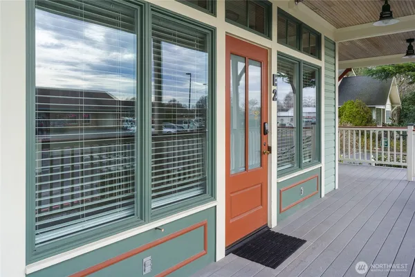 a view of a balcony with a door