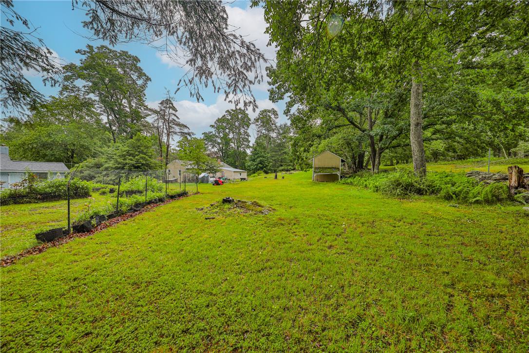 5599 Minks Pond Road Bushkill, PA 18324 - Photo 56 of 64 A spacious backyard with mature trees and a fenced garden area offers serene outdoor living.