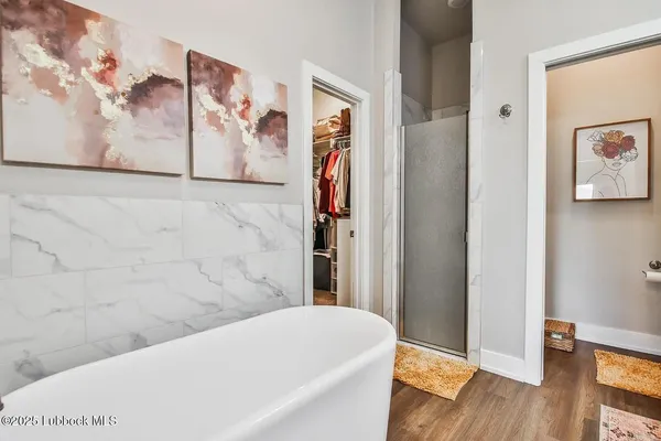 a bathroom with a bathtub and a shower