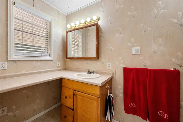 a bathroom with a sink a vanity and a mirror