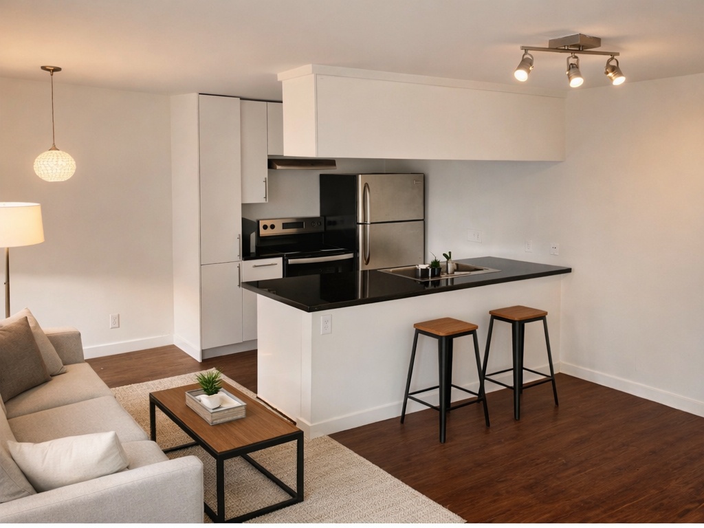 Kitchen with a peninsula, a breakfast bar area, dark wood-type flooring, dark countertops, and stainless steel appliances