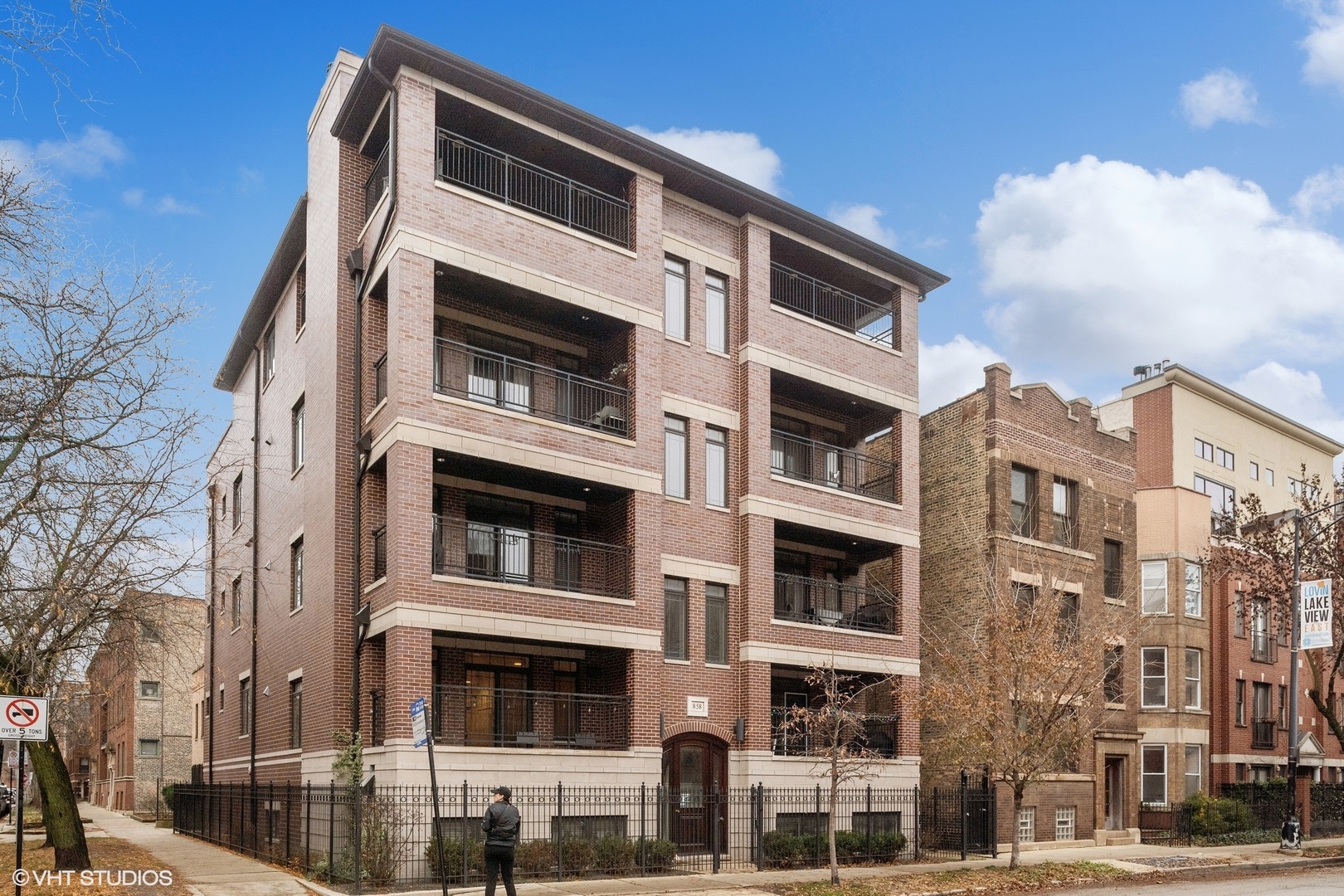 a front view of a multi story building