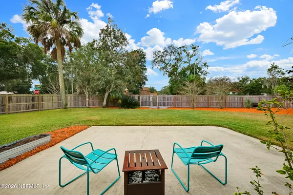 a view of swimming pool with garden and seating