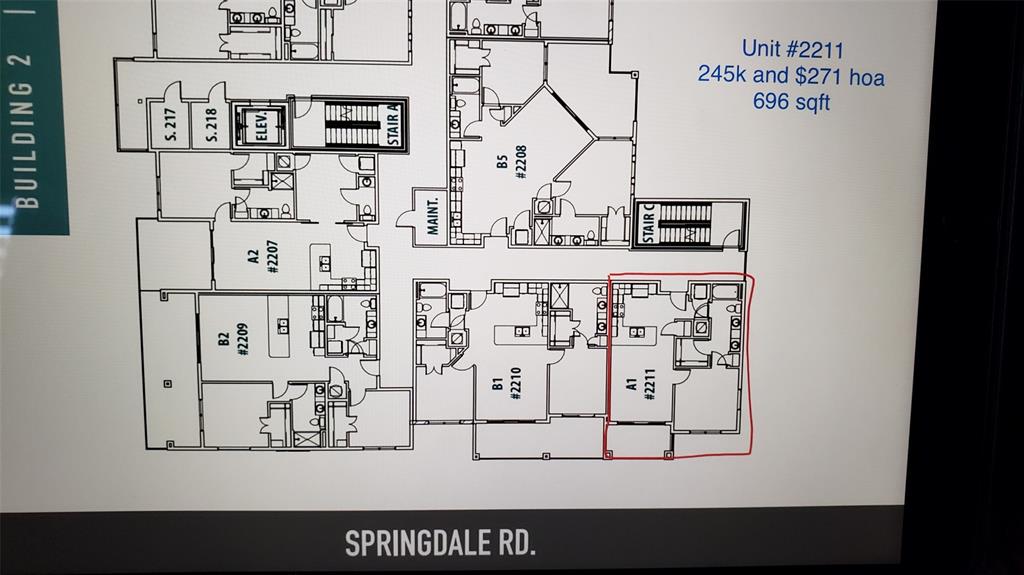 4801 Springdale Road, Unit 2211 Austin, TX 78723 - Photo 19 of 19 Examine the detailed floor plan, highlighting unit #2211 for an apartment layout with a kitchen and bathroom.