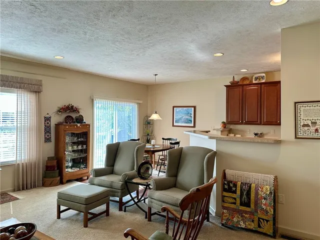 a living room with furniture a rug and a window