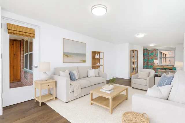 a living room with furniture potted plant and a window