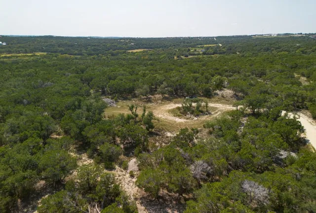 a view of a field with an ocean and trees