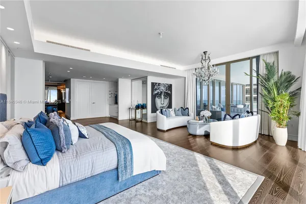 a spacious bedroom with a bed and large windows