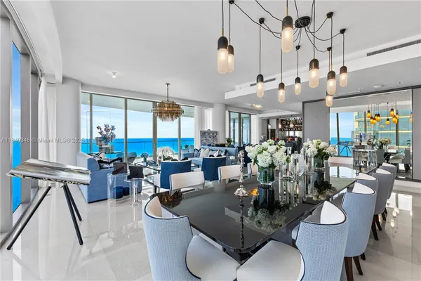 a view of a dining room with furniture