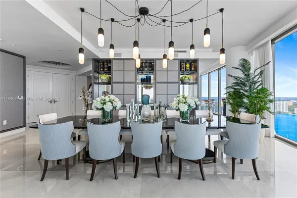 a view of a dining room with furniture