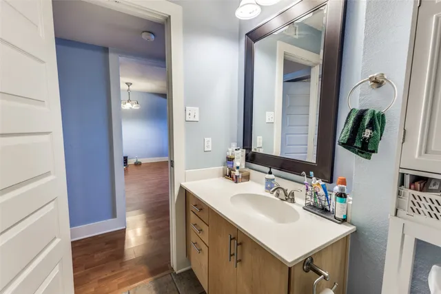 a bathroom with a sink and a mirror