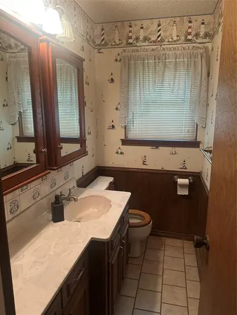 a bathroom with a sink a toilet and a mirror