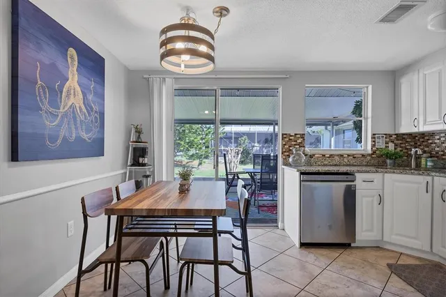 a view of a dining room with furniture window and outside view