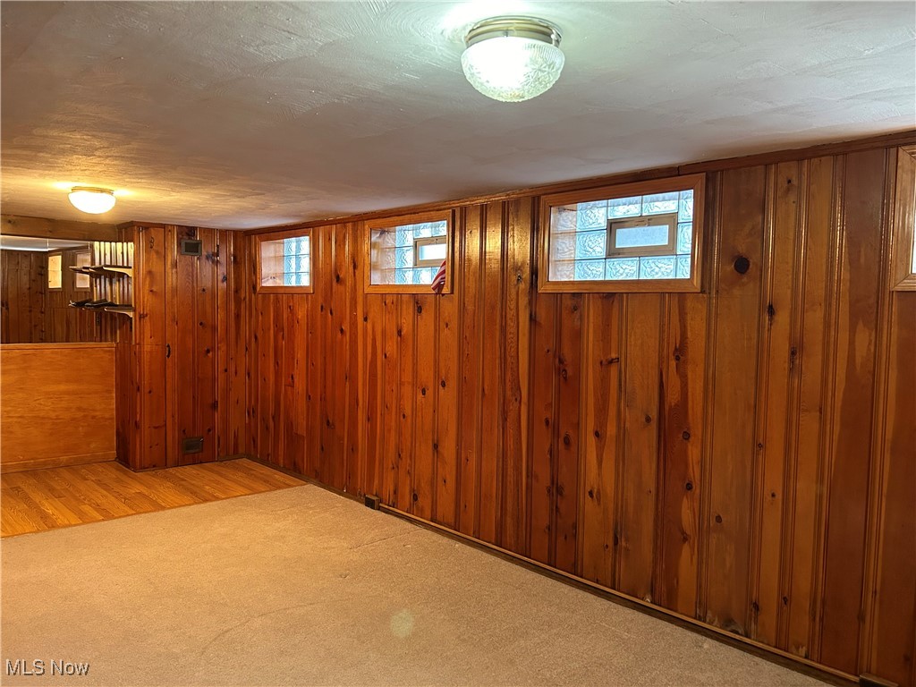 1094 Plainfield Road Cleveland, OH 44121 - Photo 30 of 41 Basement with Laminate floor eneterance flooring, a wealth of natural light, and wooden walls