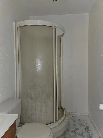 a bathroom with a shower and a toilet