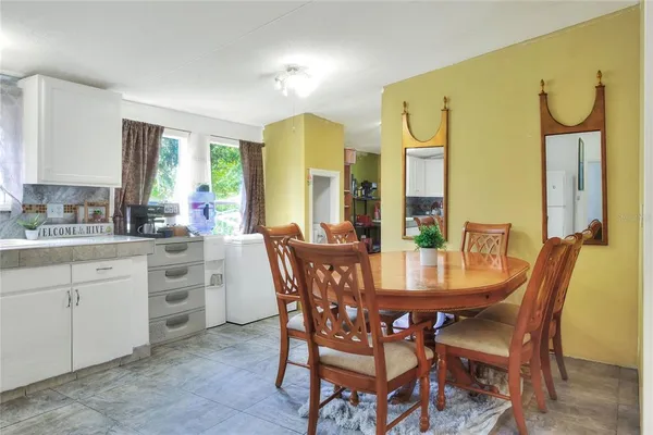 a view of a dining room with furniture window and outside view