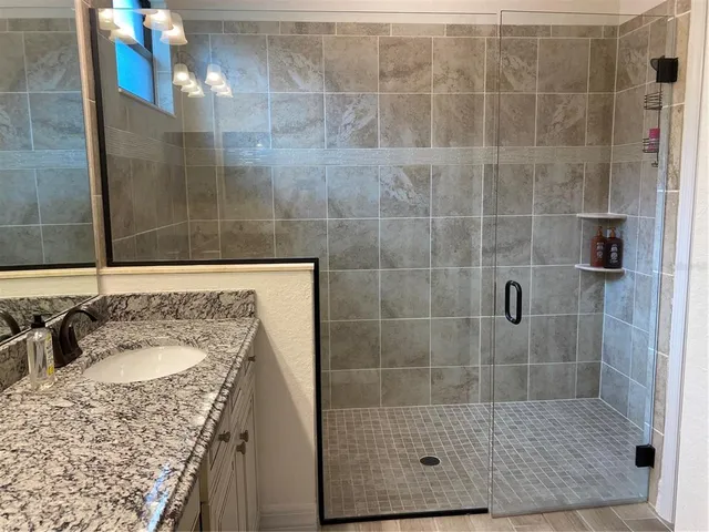 a bathroom with a granite countertop shower