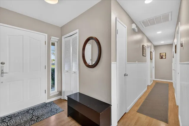 a view of a hallway with painted walls