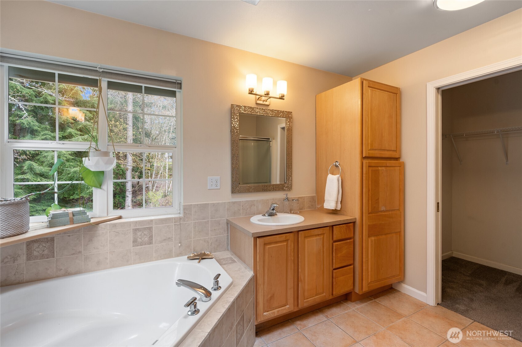 3841 Mari Lane Southeast Olympia, WA 98513 - Photo 16 of 40 a bathroom with a granite countertop sink and a bathtub