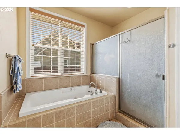 a bathroom with a bathtub and a shower