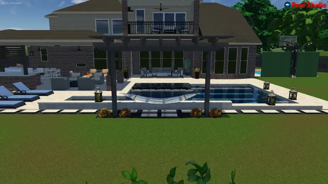 a view of a patio with table and chairs potted plants and large tree