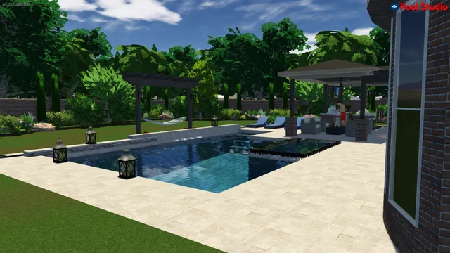 a view of a backyard with sitting area