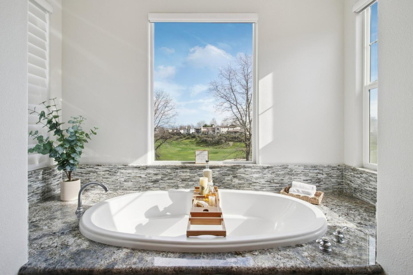 7670 MacKenzie Way Gilroy, CA 95020 - Photo 54 of 70 a bathroom with a granite countertop sink a mirror and a potted plant