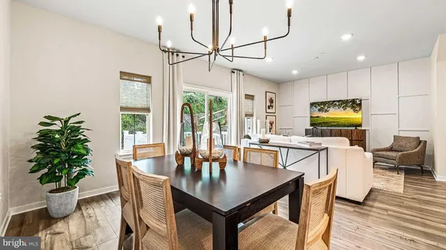 a dining room with furniture potted plants and wooden floor