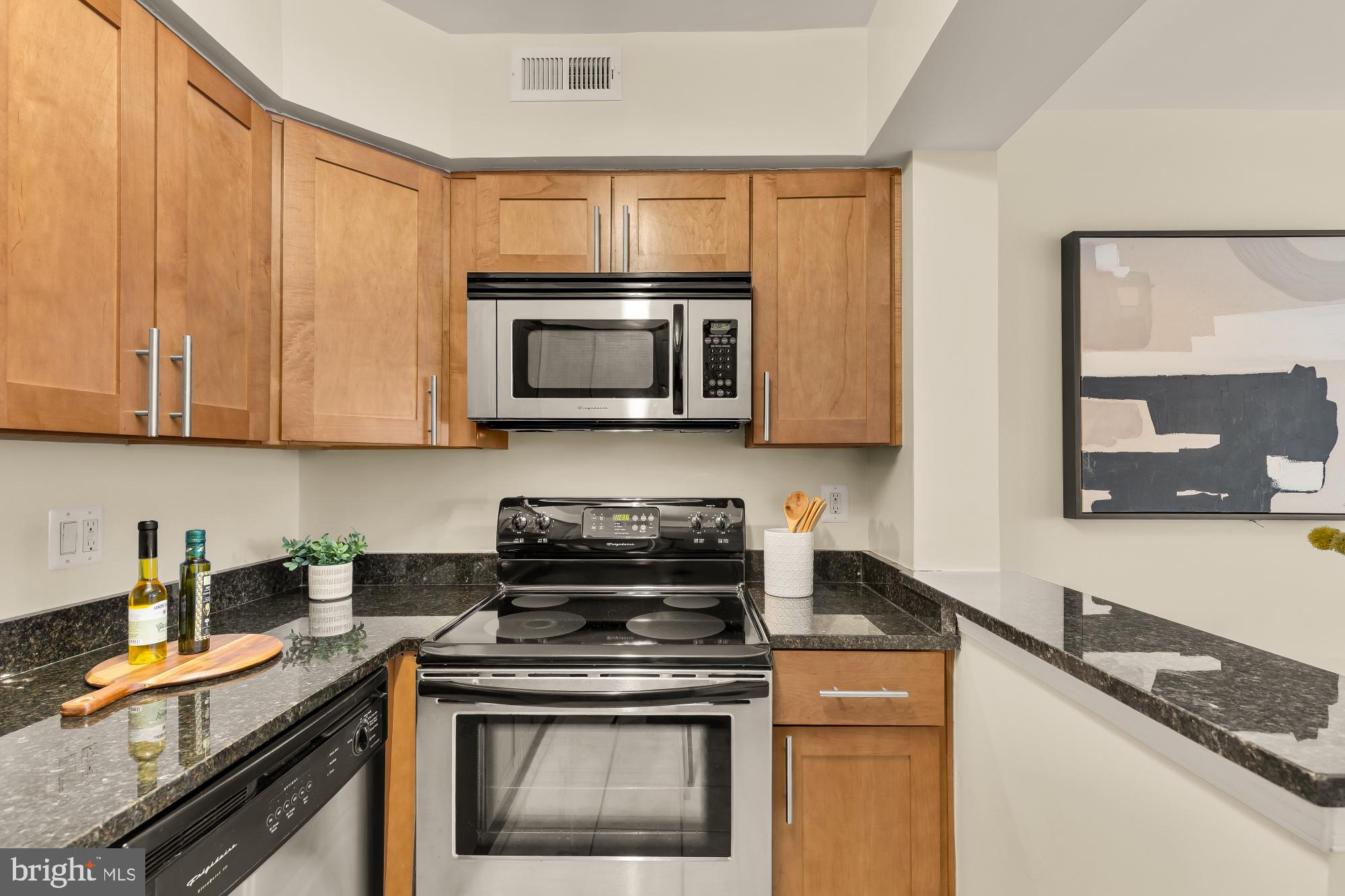 3804 Rodman Street Northwest, Unit 303 Washington, DC 20016 - Photo 19 of 33 a kitchen with stainless steel appliances granite countertop a stove a microwave and a sink