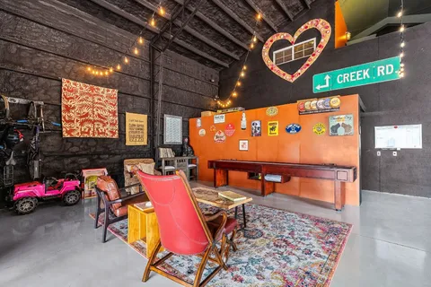 an outdoor space with seating