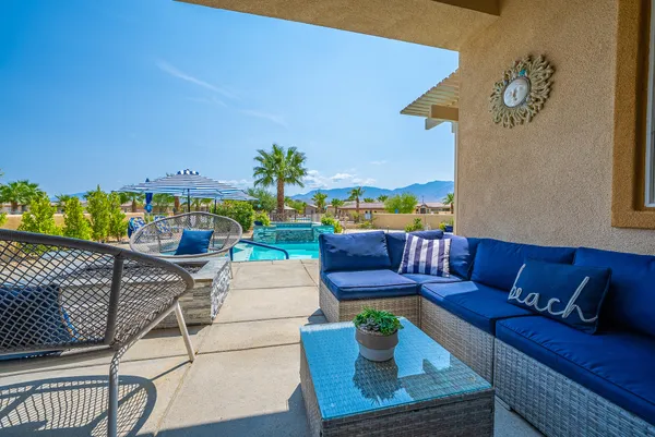 a building outdoor space with patio furniture