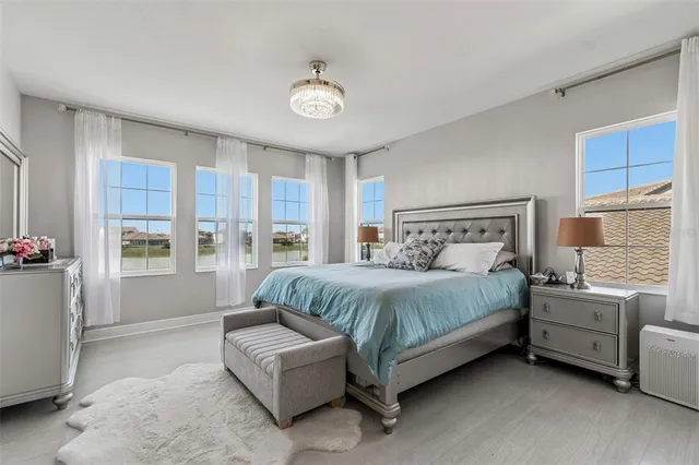 a spacious bedroom with a bed and a large window