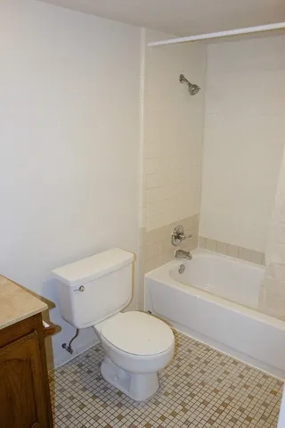 a bathroom with a toilet and a tub