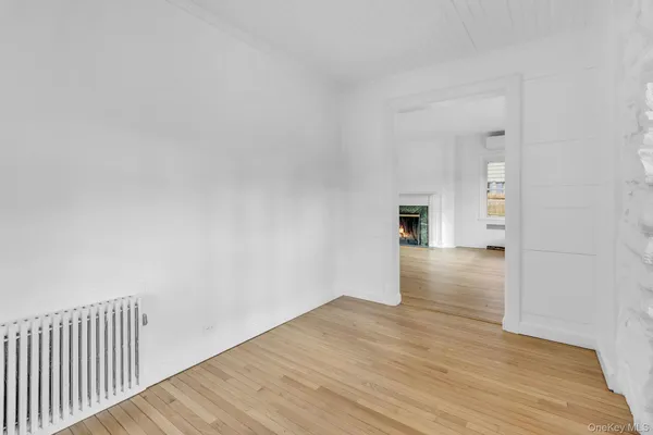 a view of a hallway with wooden floor and a fireplace