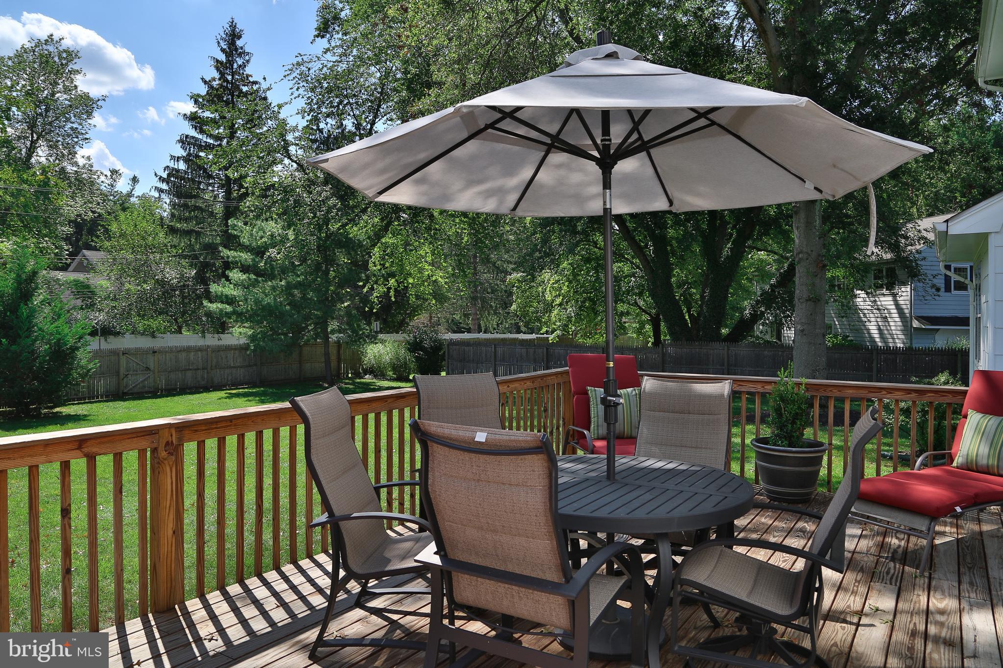 4 Indian Run Road Princeton Junction, NJ 08550 - Photo 38 of 43 a view of deck and dinning table and chairs under an umbrella