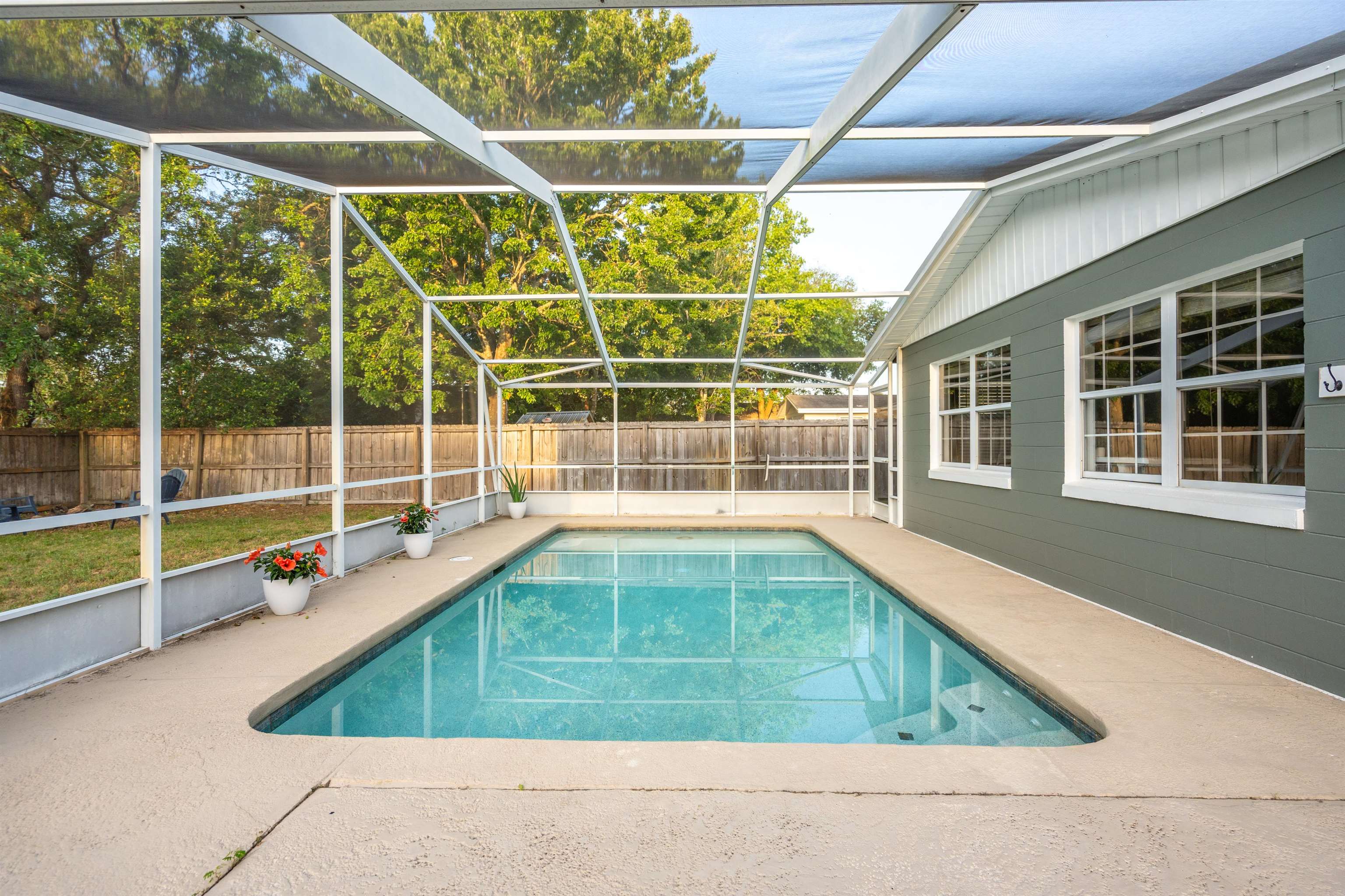 285 Trillo Street St. Augustine, FL 32086 - Photo 26 of 48 View of pool featuring a sunroom, a fenced backyard, a lanai, and patio surround