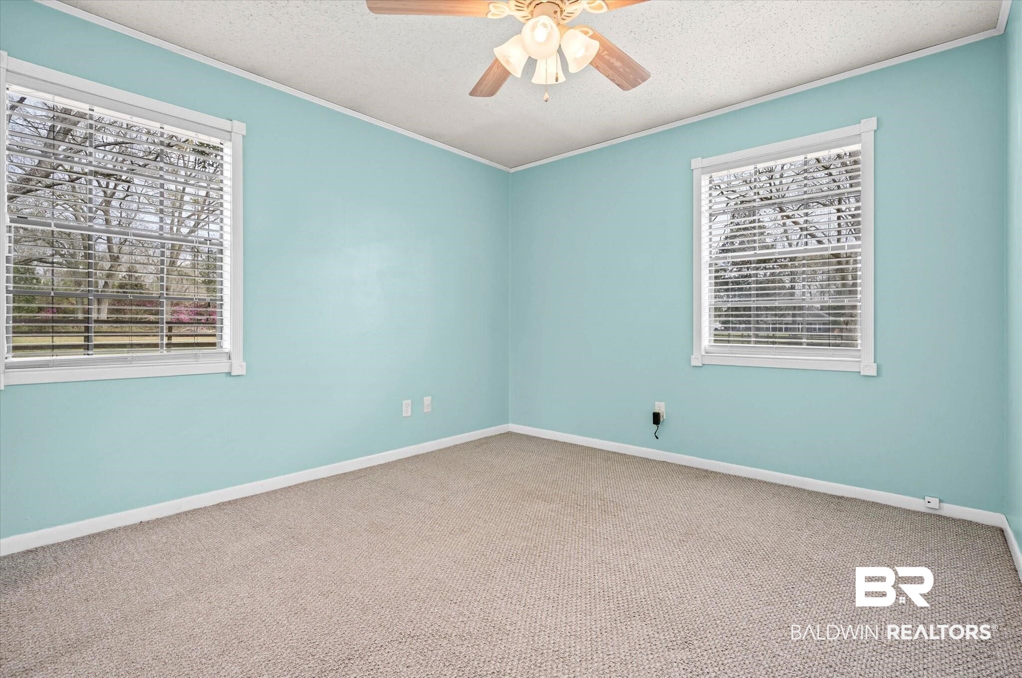 8090 Murray Hill Road Irvington, AL 36544 - Photo 23 of 40 Spare room featuring a ceiling fan, a textured ceiling, carpet flooring, and ornamental molding