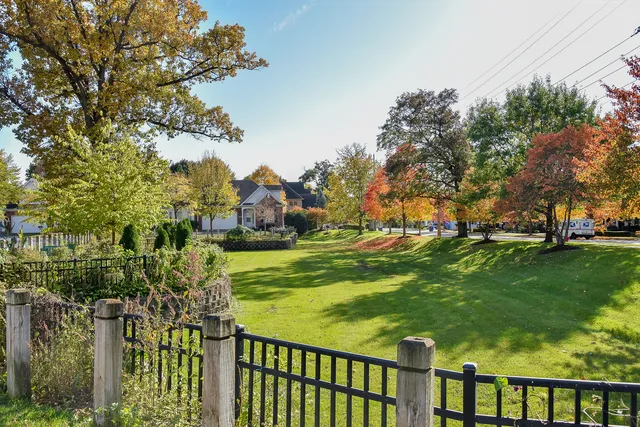 a view of a garden with houses
