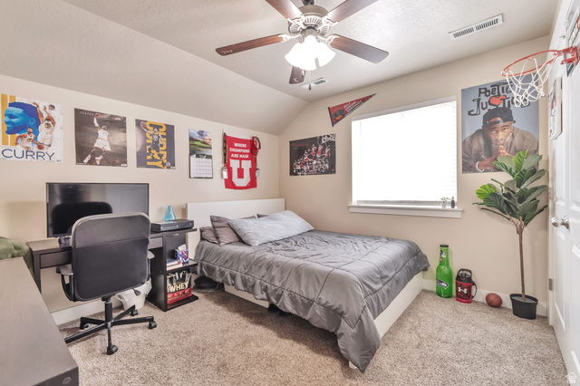 13038 Tower Ridge Drive Riverton, UT 84096 - Photo 28 of 30 Carpeted bedroom featuring a ceiling fan, a window with blinds, and white painted walls