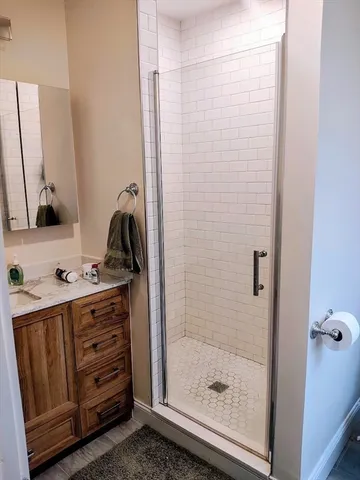 a bathroom with a shower a sink and a mirror