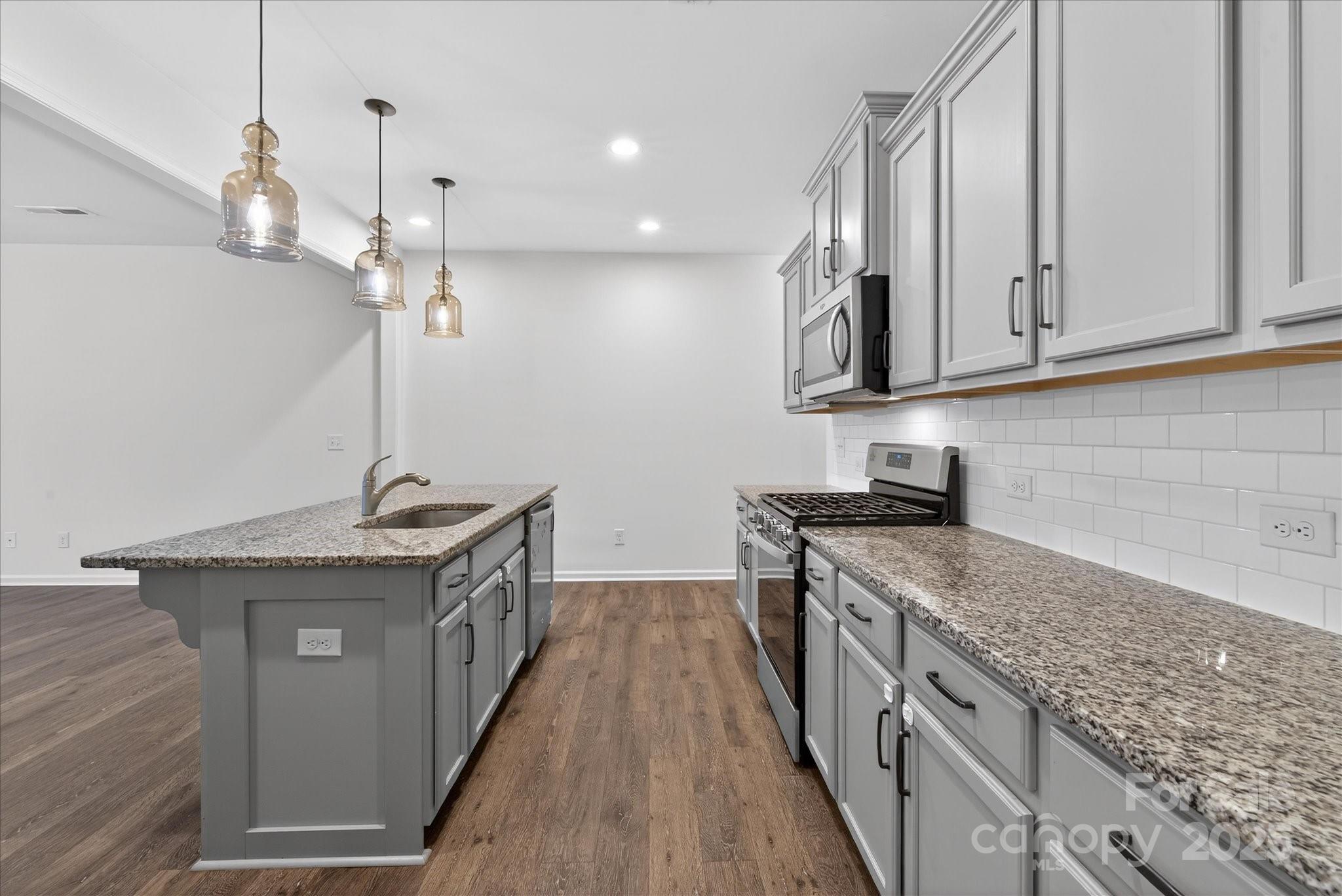 7481 Hartsfield Drive Lancaster, SC 29720 - Photo 8 of 47 a kitchen with stainless steel appliances granite countertop a sink a stove and a wooden floors