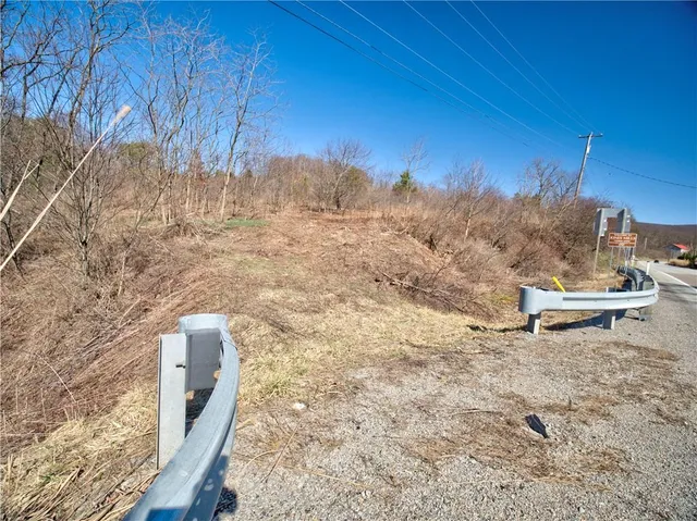 a view of a dry field with trees in the background