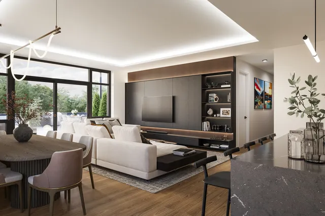 a living room with furniture a rug and a large window