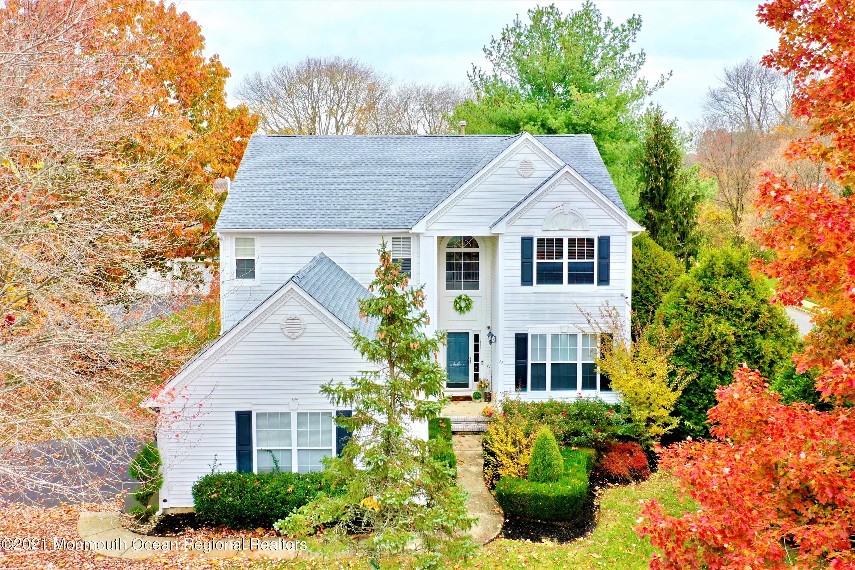 a aerial view of a house with a yard and potted plants